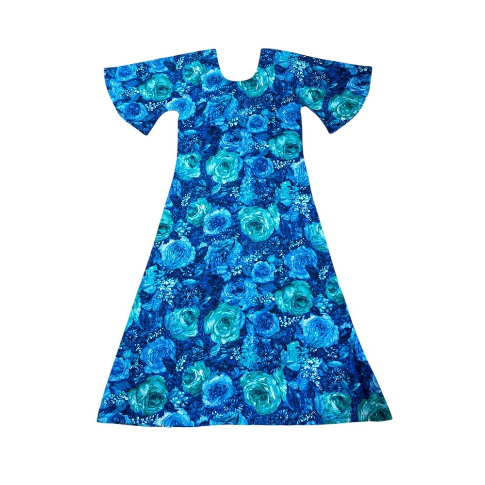 Vintage Two Potato Laguna Beach Blue Floral Rose Flutter Sleeve Maxi Dress S/M